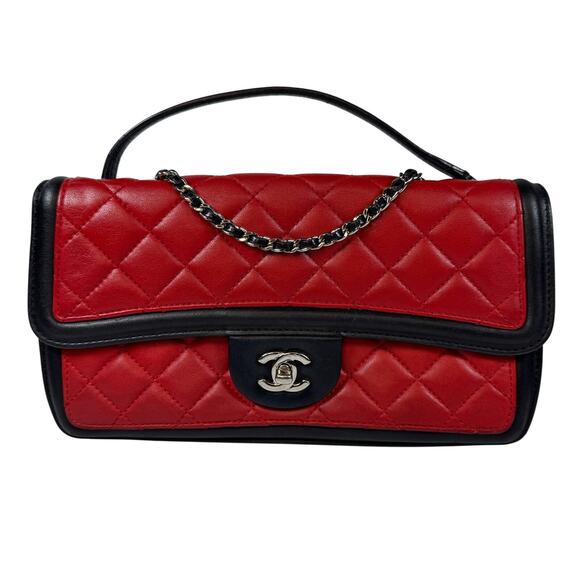 Chanel Tri-Color Quilted Medium Flap Bag Red & Black & White Lambskin Leather CC - Picture 3 of 15